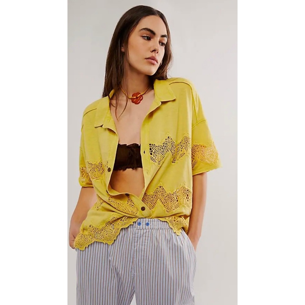 We The Free Citronelle Lace Shirt M Yellow Crochet Button Down Boho Oversized